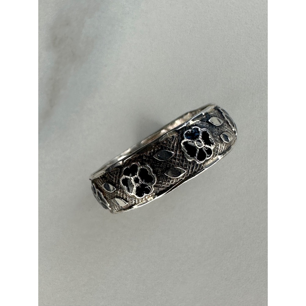 Vintage Sterling Silver 925 Floral Enamel Band Ring Size 6.5 Embossed Flower